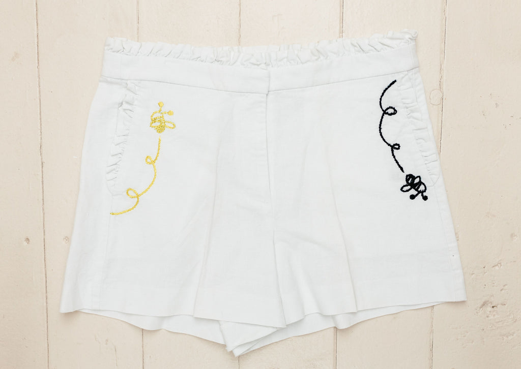 Flying Bees Shorts. Hand-Embroidered by Guatemalan Artisans. White Shorts. Fair Wages for All.  Fair Trade Fashion. Ethically-Made