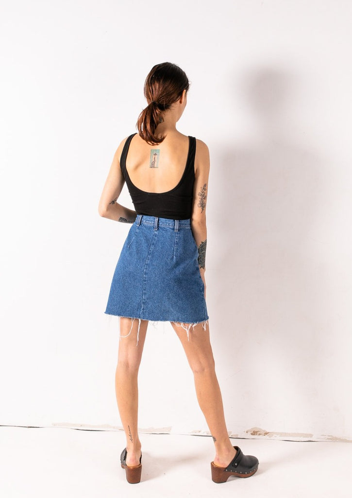 Raw Hem Denim Skirt for Women with Embroidered Strawberries.